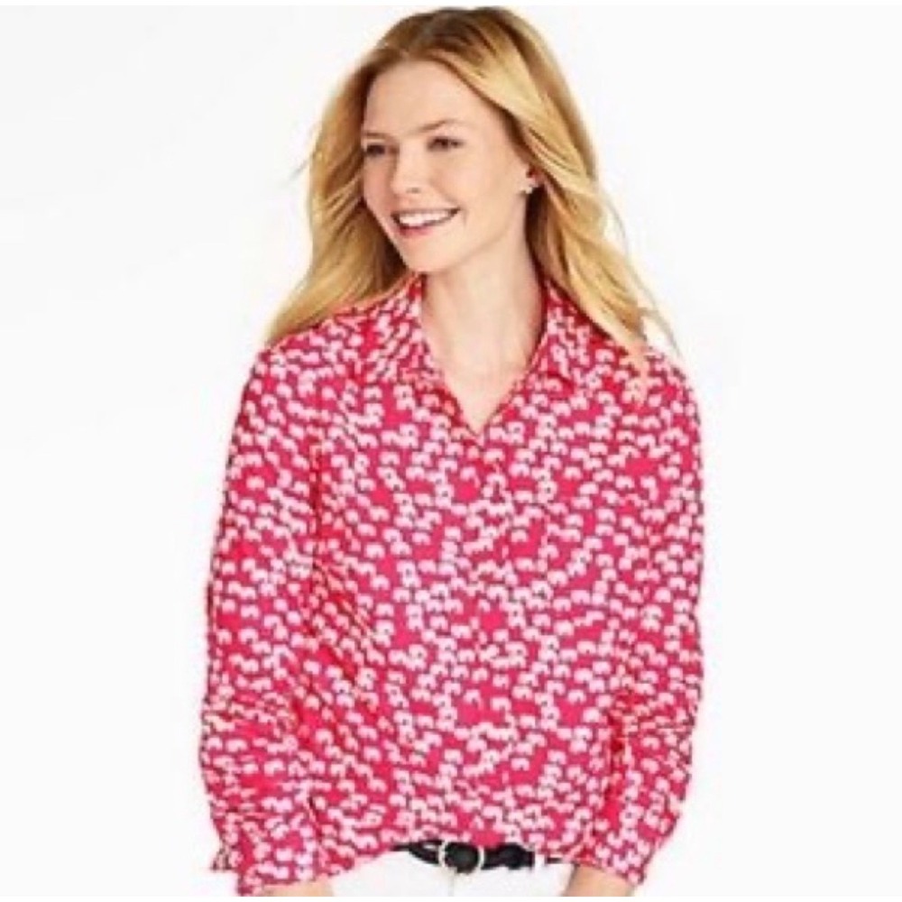 Talbots Elephant Print Button Down Shirt Pink White Cotton Preppy Career MP